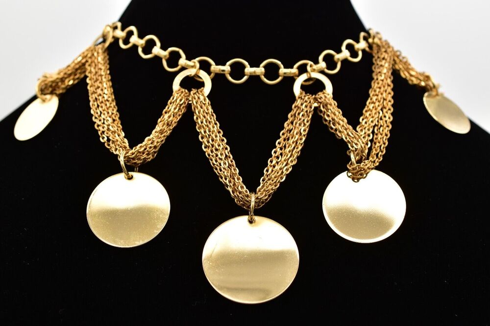 Vintage Multi-Chain Choker Necklace Bold Bib Gold Chunky Statement 1990s BinA17